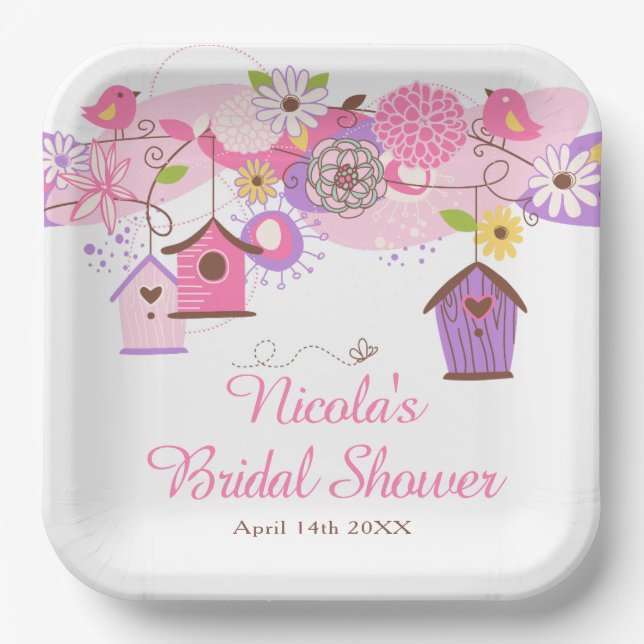 Pink and Purple Floral Bird Cages Bridal Shower Paper Plates (Front)