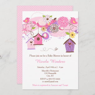 Pink and Purple Floral Bird Houses Baby Shower Invitation