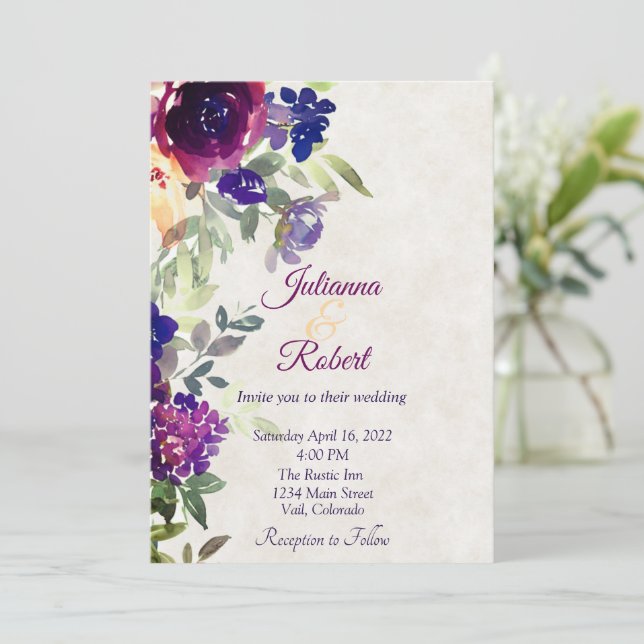 Pink and purple floral budget wedding invitation (Standing Front)