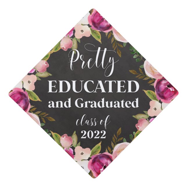 Pink and Purple Floral Chalkboard Pretty Educated Graduation Cap Topper (Front)