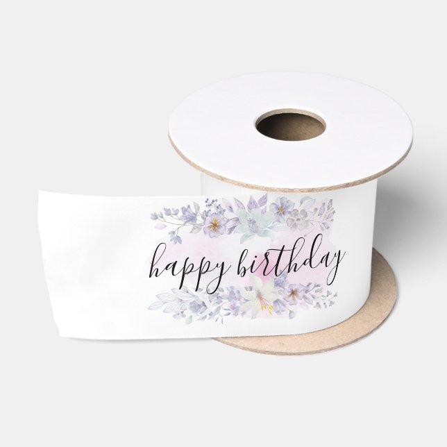 Pink and Purple Floral Design Happy Birthday Satin Ribbon (Spool)