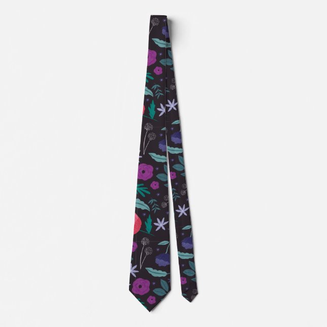 Pink and Purple Floral Illustration Pattern Neck Tie (Front)