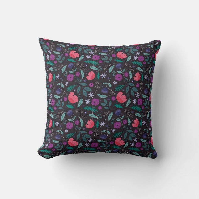 Pink and Purple Floral Illustration Pattern Throw Pillow (Front)
