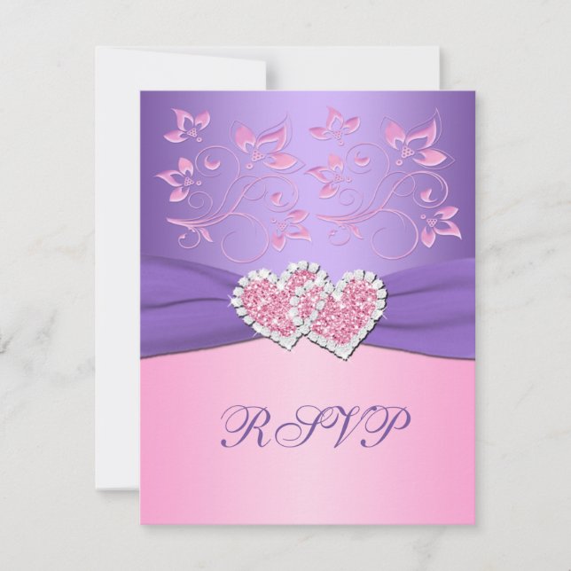 Pink and Purple Floral Joined Hearts RSVP Card (Front)