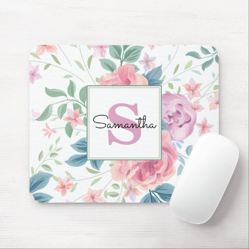 Pink and Purple Floral Monogrammed Mouse Pad