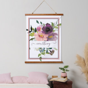 Pink and purple floral personalized hanging tapestry