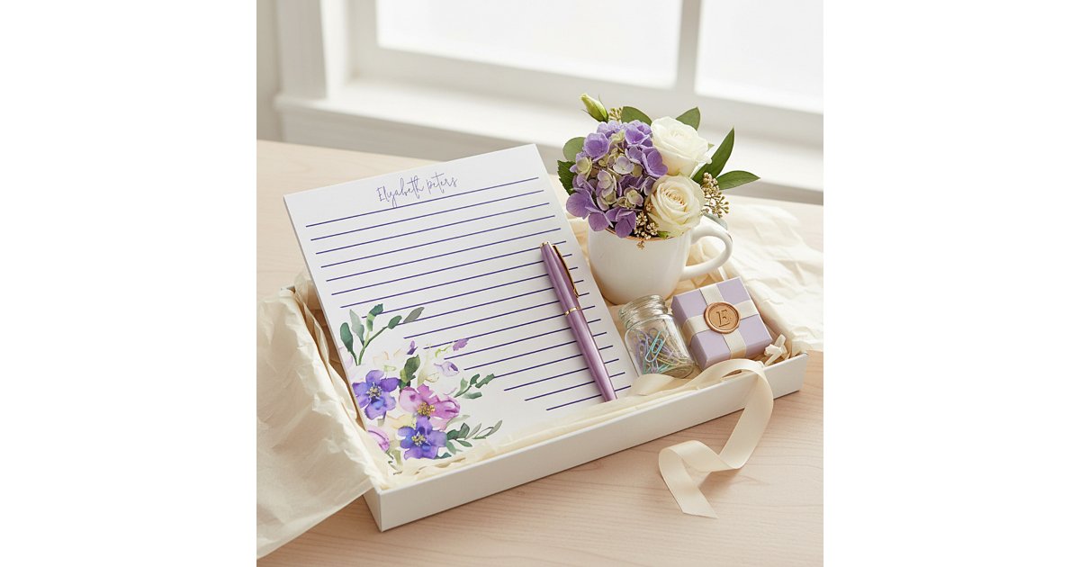 Pink and purple floral personalized notepad | Zazzle