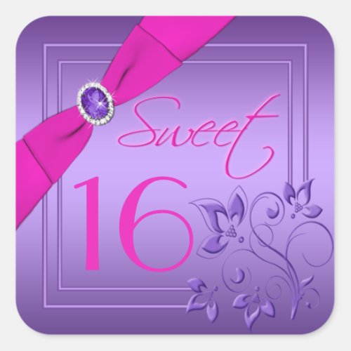 Pink and Purple Floral  Sweet 16 Square Sticker