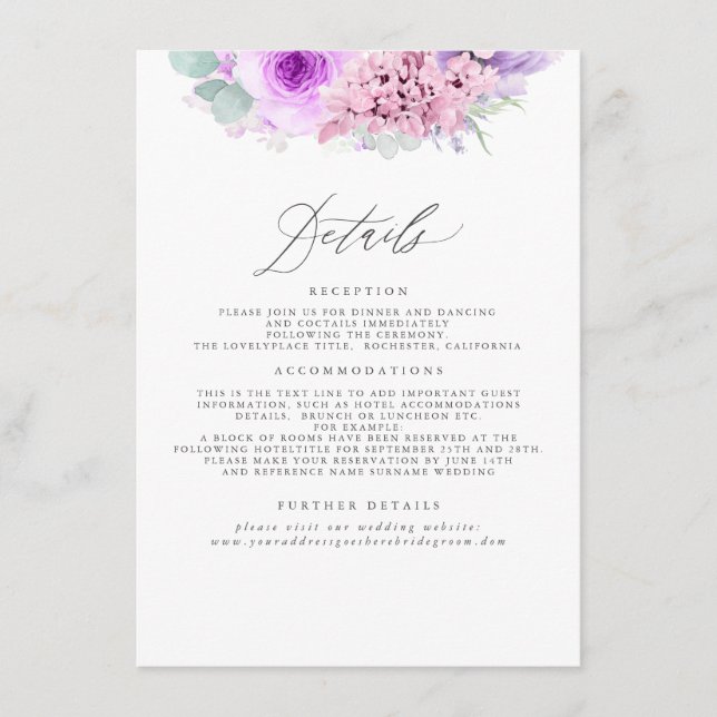Pink and Purple Floral Wedding Information Enclosure Card (Front)