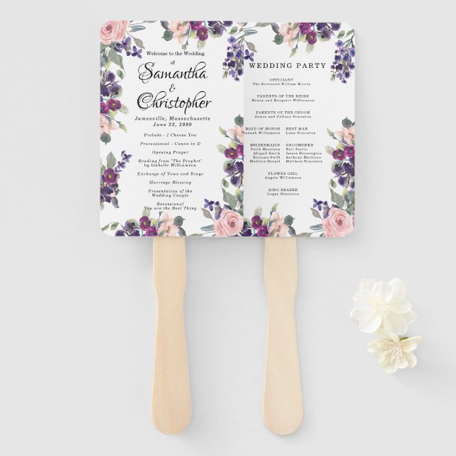 PInk and Purple Floral Wedding Program Hand Fan (Front and Back)