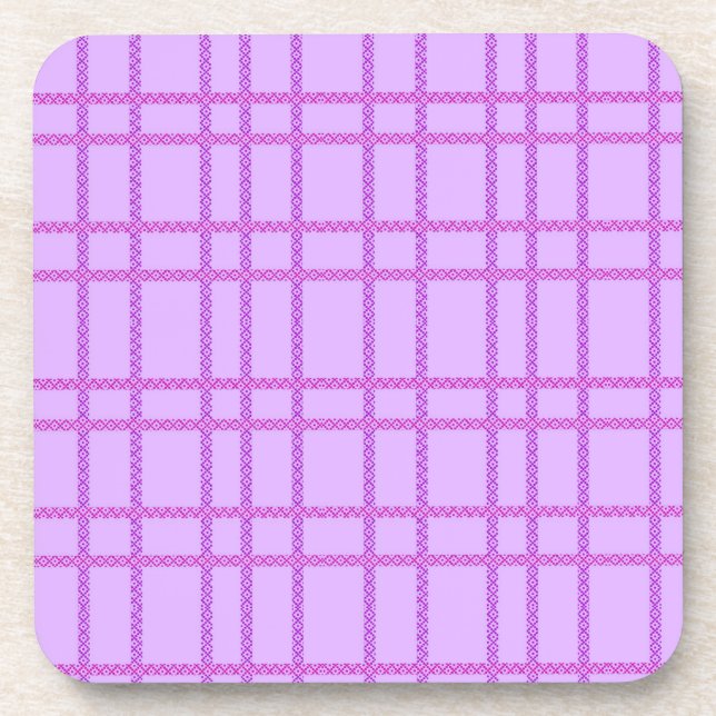 Pink and purple flower checkered pattern beverage coaster (Front)
