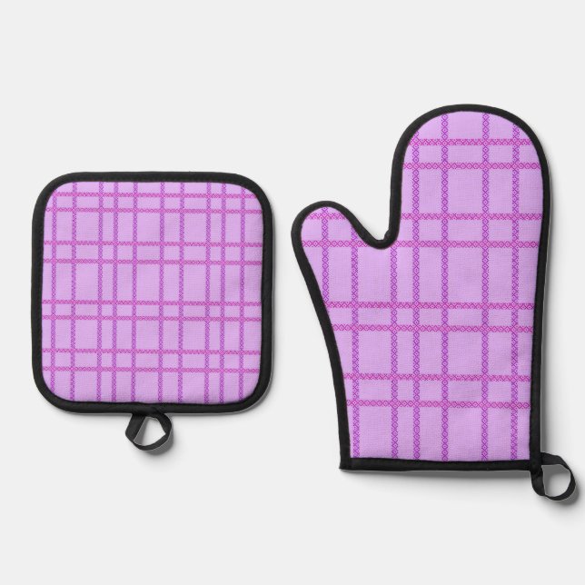 Pink and purple flower checkered pattern oven mitt & pot holder set (Front)