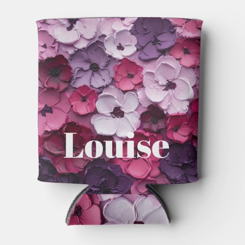 pink and purple Flower Design with individual name Can Cooler