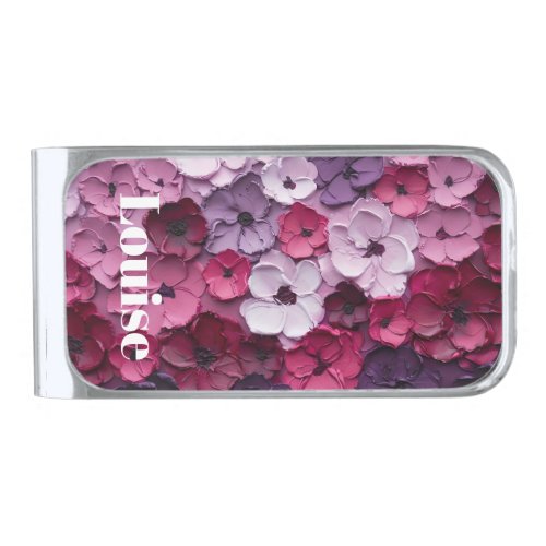 pink and purple Flower Design with individual name Silver Finish Money Clip