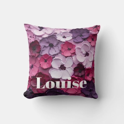 pink and purple Flower Design with individual name Throw Pillow