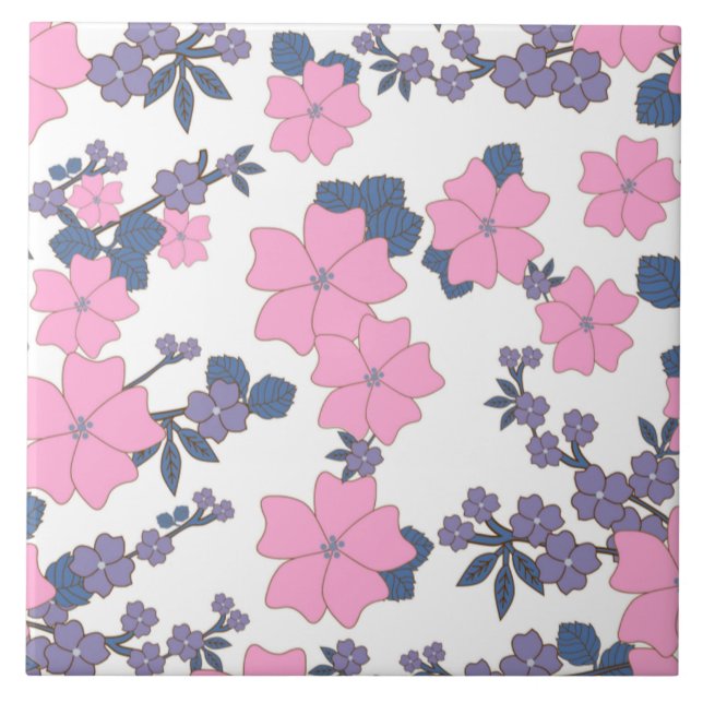 PINK AND PURPLE FLOWER PATTERN CERAMIC TILE (Front)
