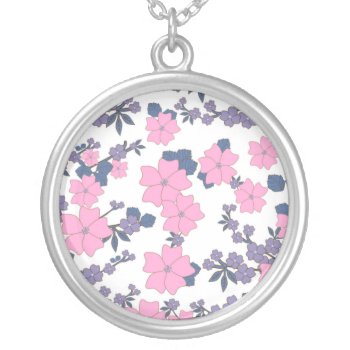 Pink And Purple Flower Pattern Silver Plated Necklace by Awesoma at Zazzle