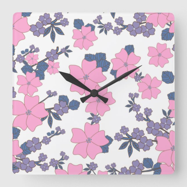 PINK AND PURPLE FLOWER PATTERN SQUARE WALL CLOCK (Front)