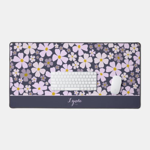 Pink and Purple Flower Power and Name on Dark Blue Desk Mat