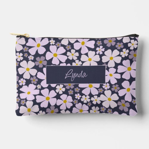 Pink and Purple Flower Power on Dark Blue and Name Accessory Pouch