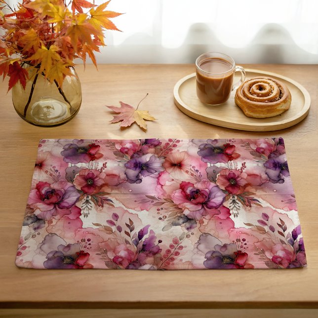 Pink and Purple Flowers Alcohol Ink Illustration Cloth Placemat (Creator Uploaded)