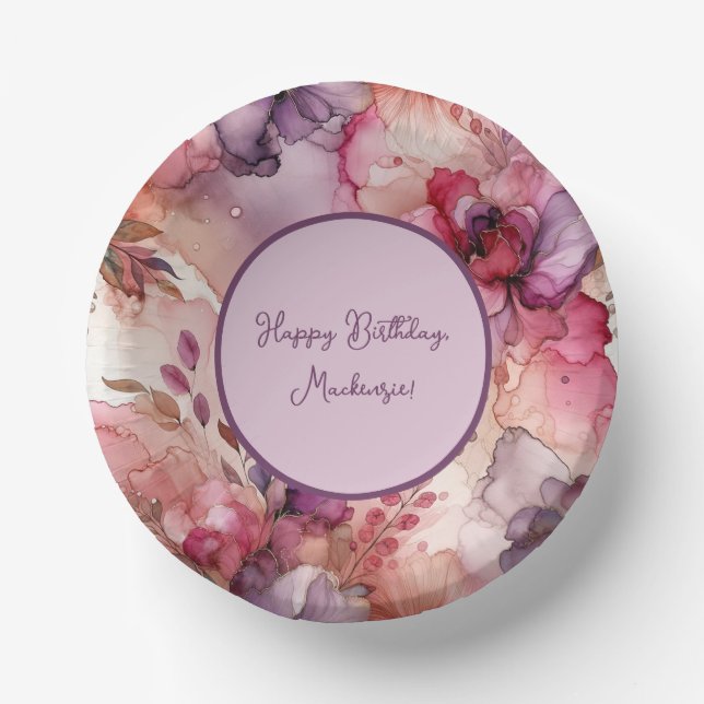 Pink and Purple Flowers Alcohol Ink Illustration  Paper Bowls (Front)