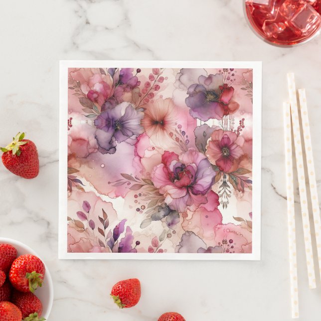 Pink and Purple Flowers Alcohol Ink Style Paper Dinner Napkins (Insitu)