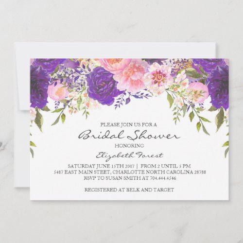 Pink and purple flowers  bridal shower invitation