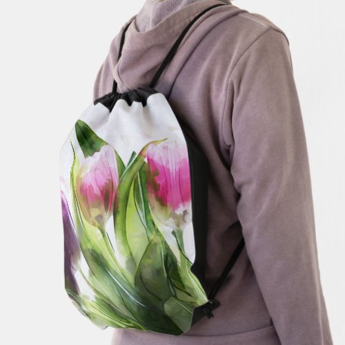 Pink And Purple Flowers Drawstring Bag