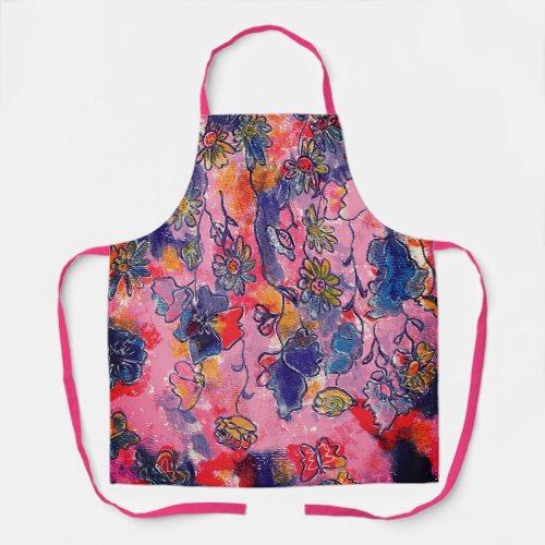 Pink and Purple Flowers Garden Original Watercolor Apron