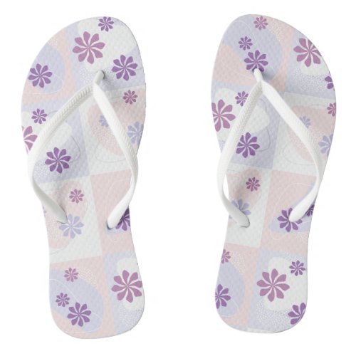 Pink and Purple Flowers on Pastel Checkers Flip Flops