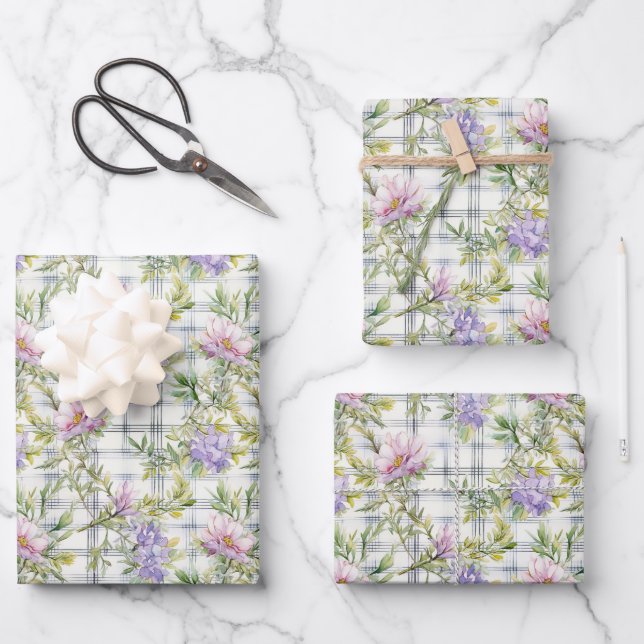 Pink and Purple Flowers on Plaid Background Wrapping Paper Sheets (Front)
