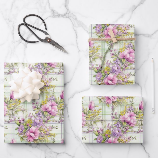 Pink and Purple Flowers on Plaid Wrapping Paper Sheets (Front)