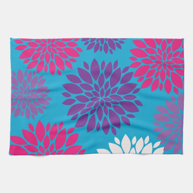 Pink and Purple Flowers on Teal Blue Kitchen Towel (Horizontal)