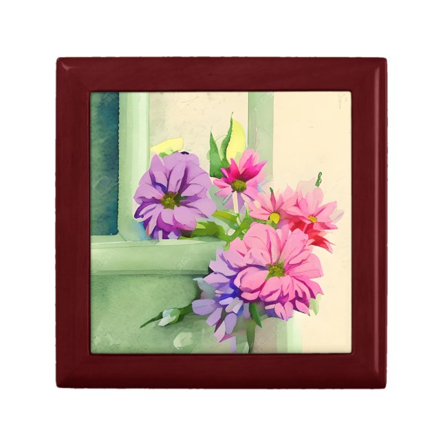 Pink and Purple Flowers on Window Sill Gift Box (Front)