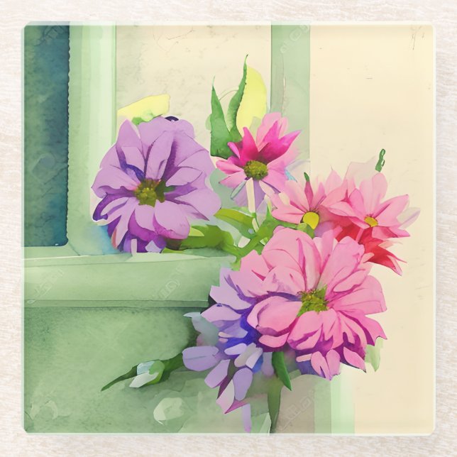 Pink and Purple Flowers on Window Sill Glass Coaster (Front)
