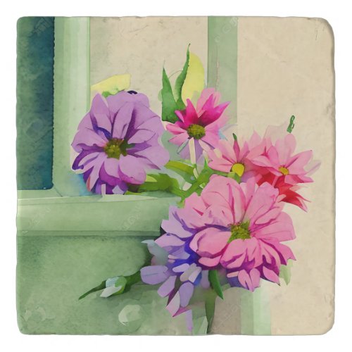 Pink and Purple Flowers on Window Sill Trivet