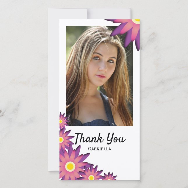 Pink and Purple Flowers Thank You Photo Card (Front)