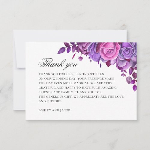 Pink and purple flowers Watercolor lilac wedding Thank You Card