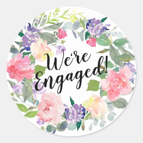 Pink and Purple Flowers Were Engaged Watercolor Classic Round Sticker