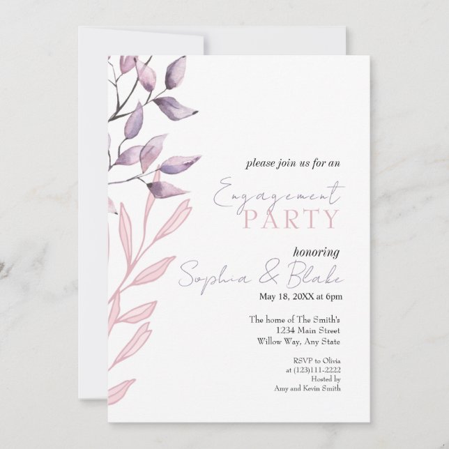 Pink and Purple Foliage White Engagement Party Invitation (Front)