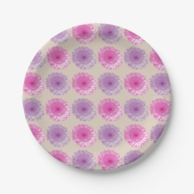 Pink and purple gerber floral pattern paper plates (Front)
