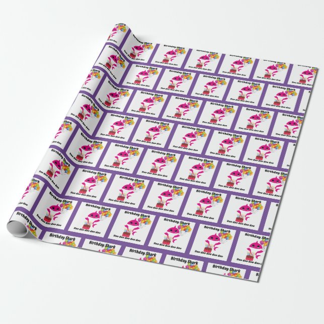 Pink and Purple Girl baby Shark wrapping paper (Unrolled)
