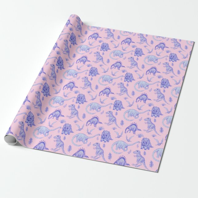 Pink and Purple Girls Dinosaur Gift Wrap (Unrolled)