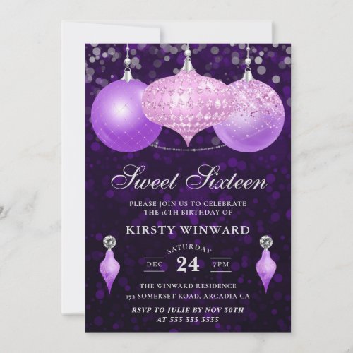 Pink and Purple Glitter Baubles Sweet Sixteen Invitation