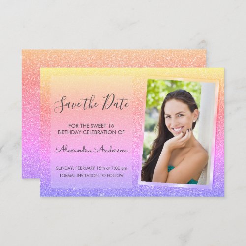 Pink and Purple Glitter Sweet 16 Save the Date Invitation