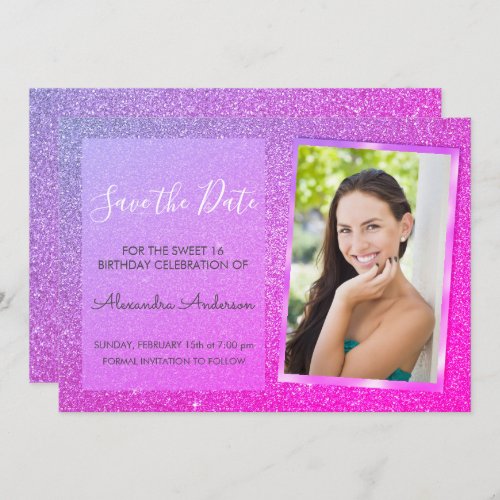 Pink and Purple Glitter Sweet 16 Save the Date Invitation