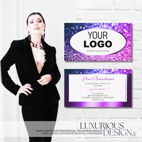 Pink and Purple Glitter White Logo Professional Business Card