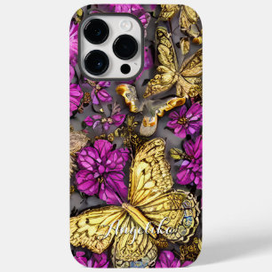 Pink and Purple Gold Butterflies Personalized Name Case-Mate iPhone 14 Pro Max Case