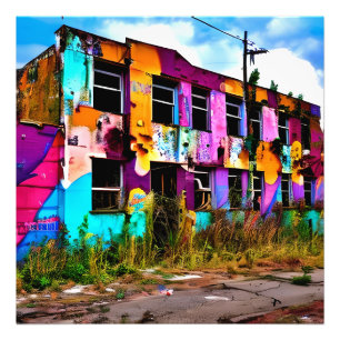Pink and Purple Graffiti Art Abandoned Building Photo Print
